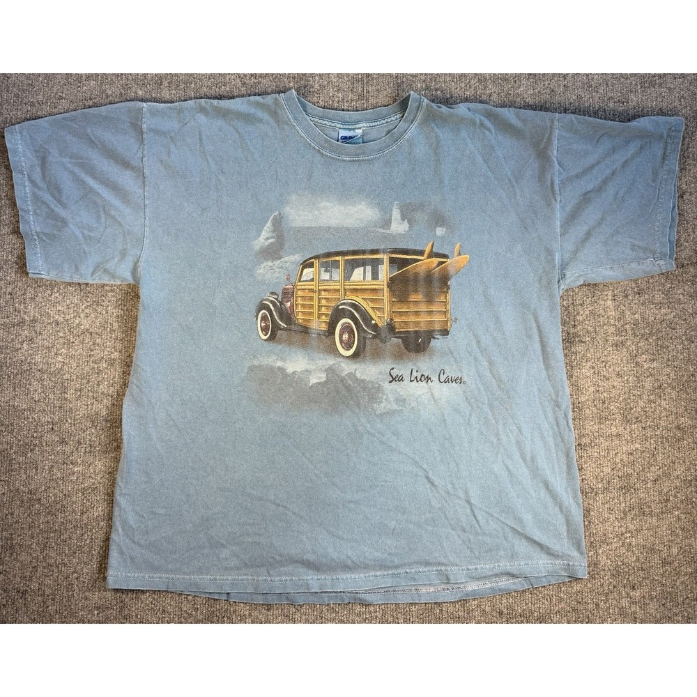 Sea Lion Caves Oregon Woody Wagon Surfboards Gildan Blue T Shirt Mens XL